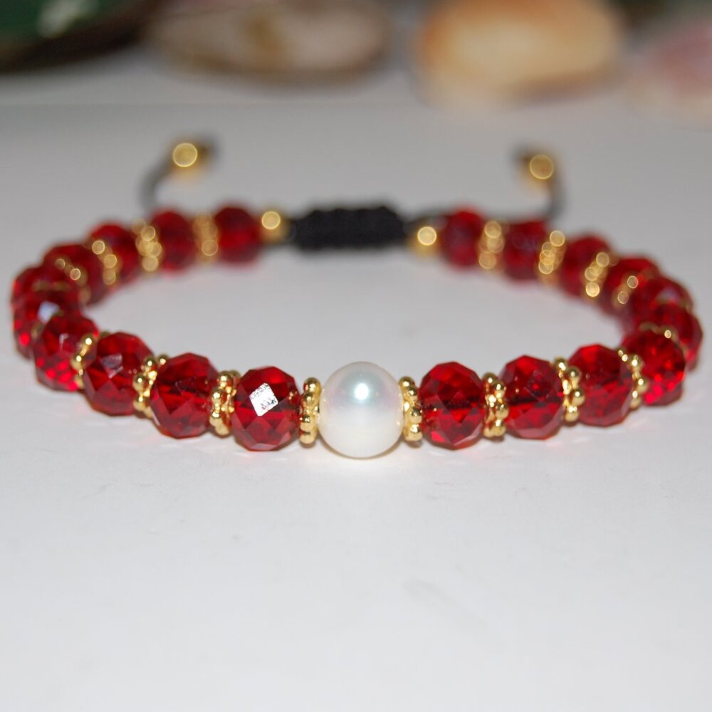 Pearl Bracelet,Fresh Water Pearl,Crystal Glass Beads,Drawstring,Red Bracelet
